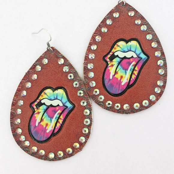 Rolling Stones Tie Dye Brown Faux Leather Earrings - Picture 1 of 5